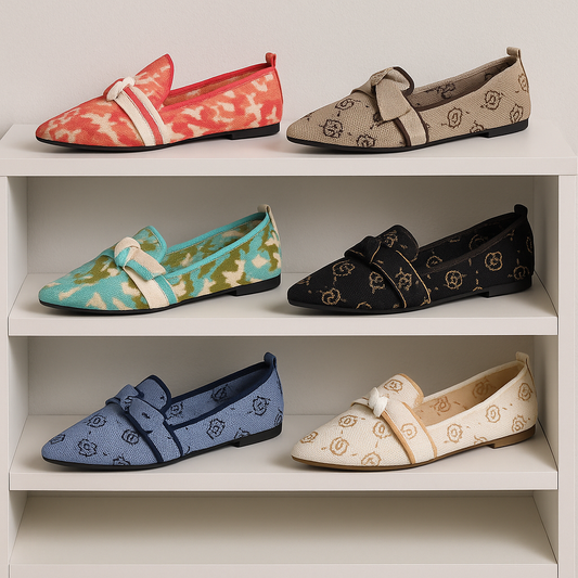 Pointed Bow Top Knit Contrasting Print Ballet Flat Casual Loafer Slip-on Shoes