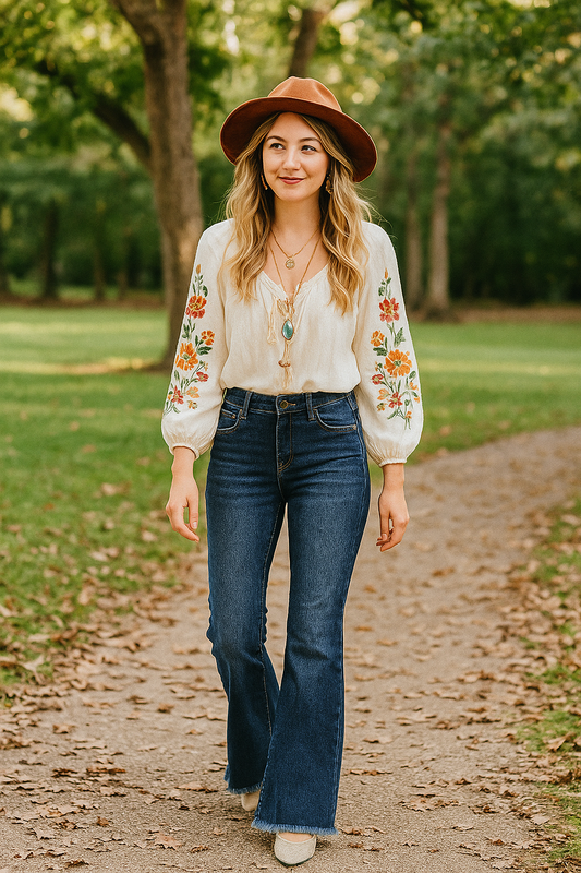 RISEN Mid-Rise Tummy Control Jeans Slim Flare Leg Frayed Raw Hem Denim Pants Plus Size Available