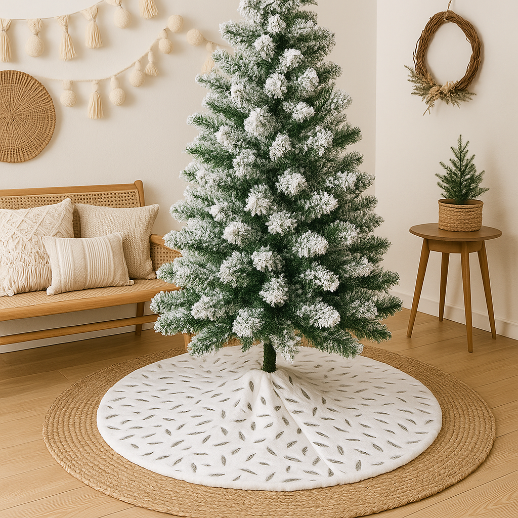 Feather Print Christmas Tree Skirt White Metallic Gold or Silver 47.4"