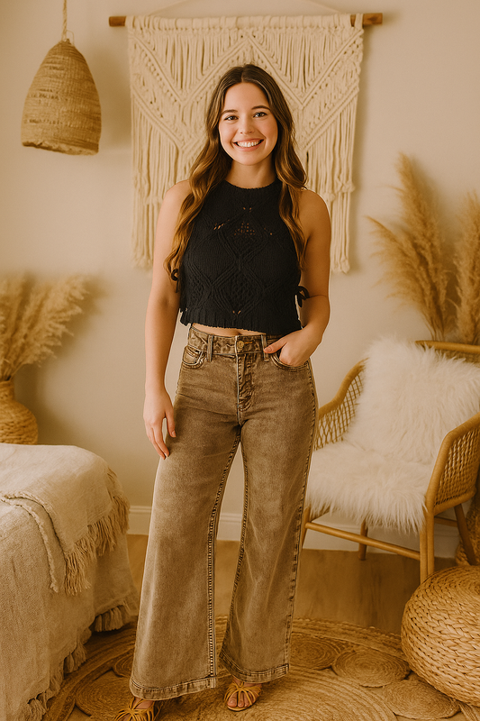 RISEN High-Rise Waist Pants Relaxed Corduroy Boyfriend Baggy Wide Leg Denim Jeans Mocha Brown
