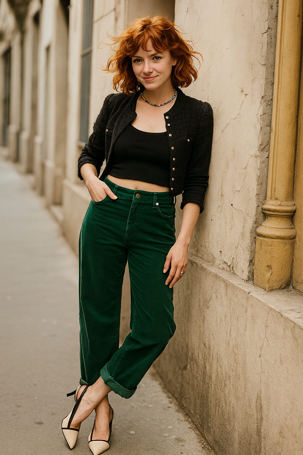 RISEN Barrel Corduroy Jeans High-rise Tapered Palazzo Roll Cuff Hem Denim Pants Green