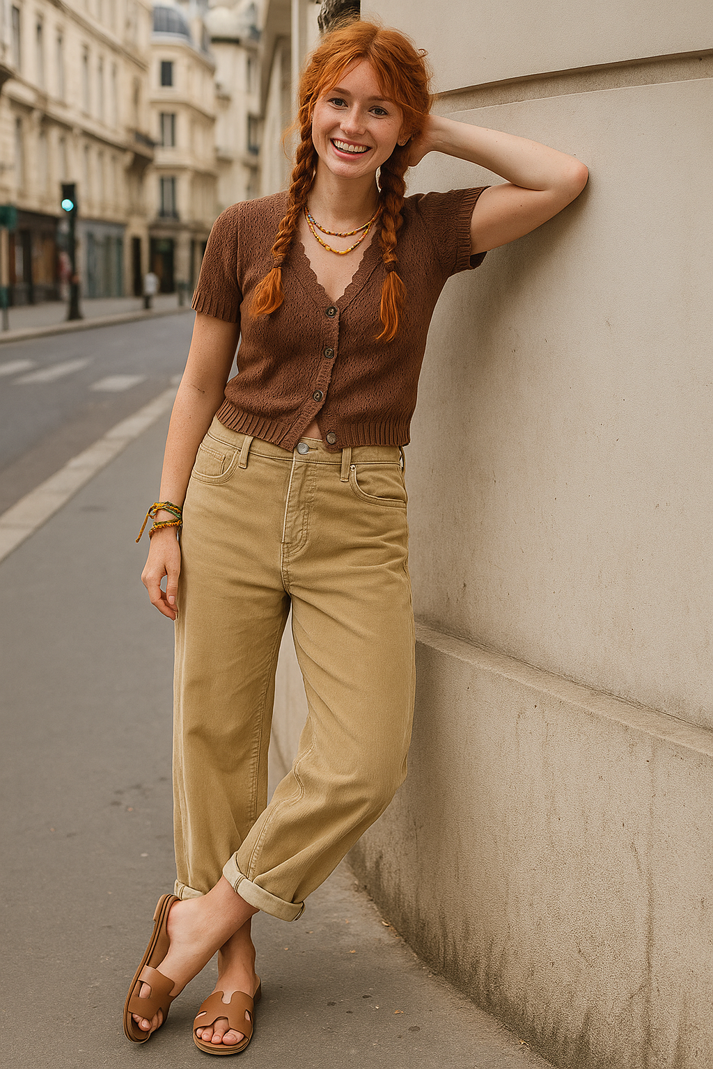 RISEN Barrel Corduroy Jeans High-rise Tapered Palazzo Roll Cuff Hem Denim Pants Tan