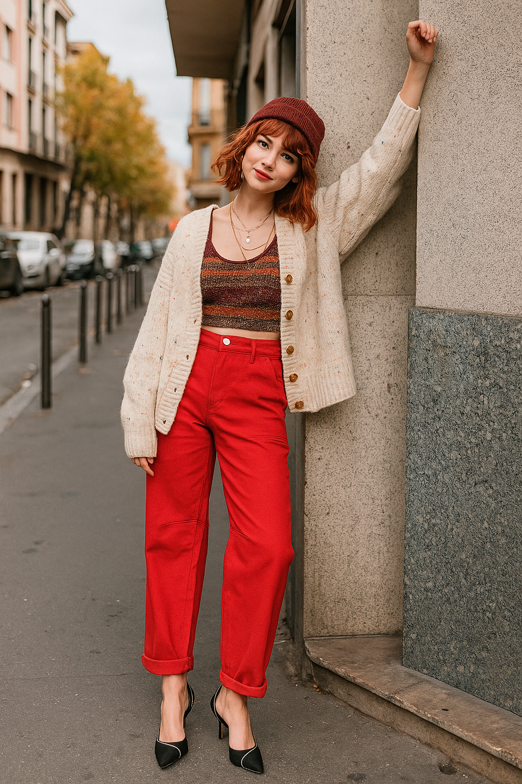 RISEN Barrel Jeans High-rise Tapered Cuffed Palazzo Cropped Hem Denim Pants Red