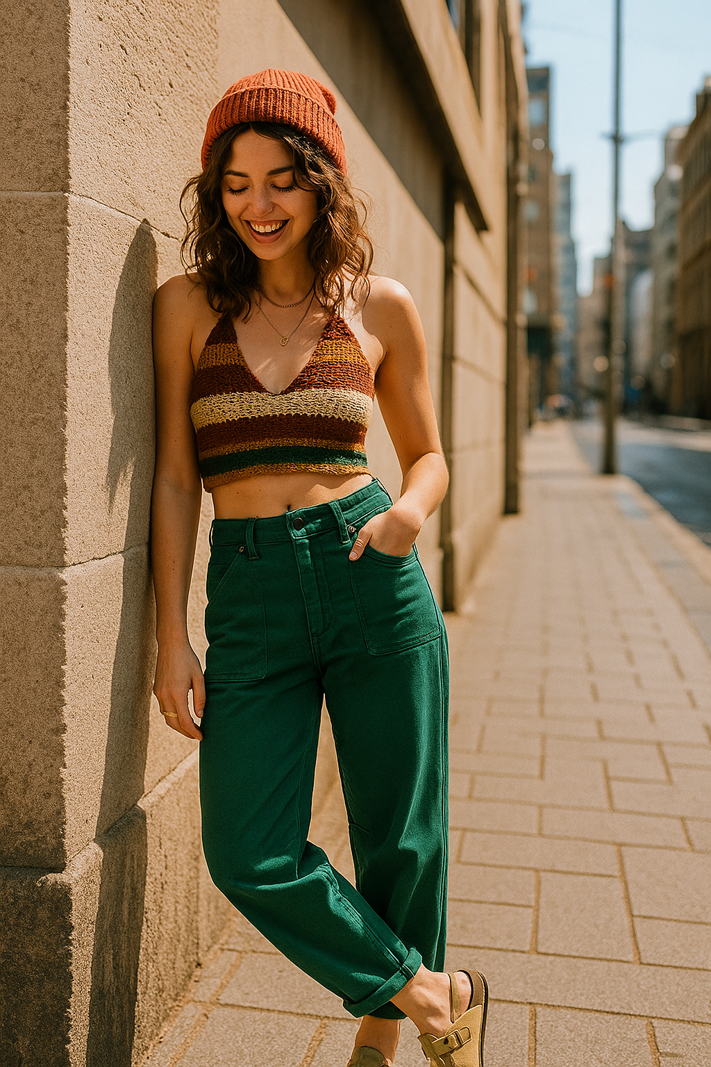 RISEN Barrel Jeans High-rise Tapered Cuffed Palazzo Cropped Hem Denim Pants Green