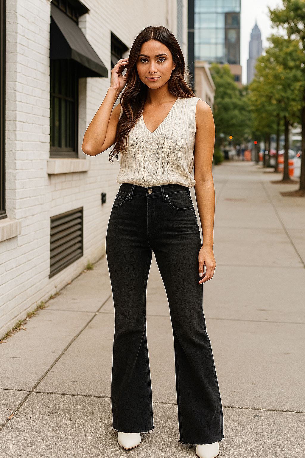 RISEN High-Rise Retro 70s Flare Leg Wide Cut Raw Hem Pants Slim Fit Denim Jeans Black Plus Size Available