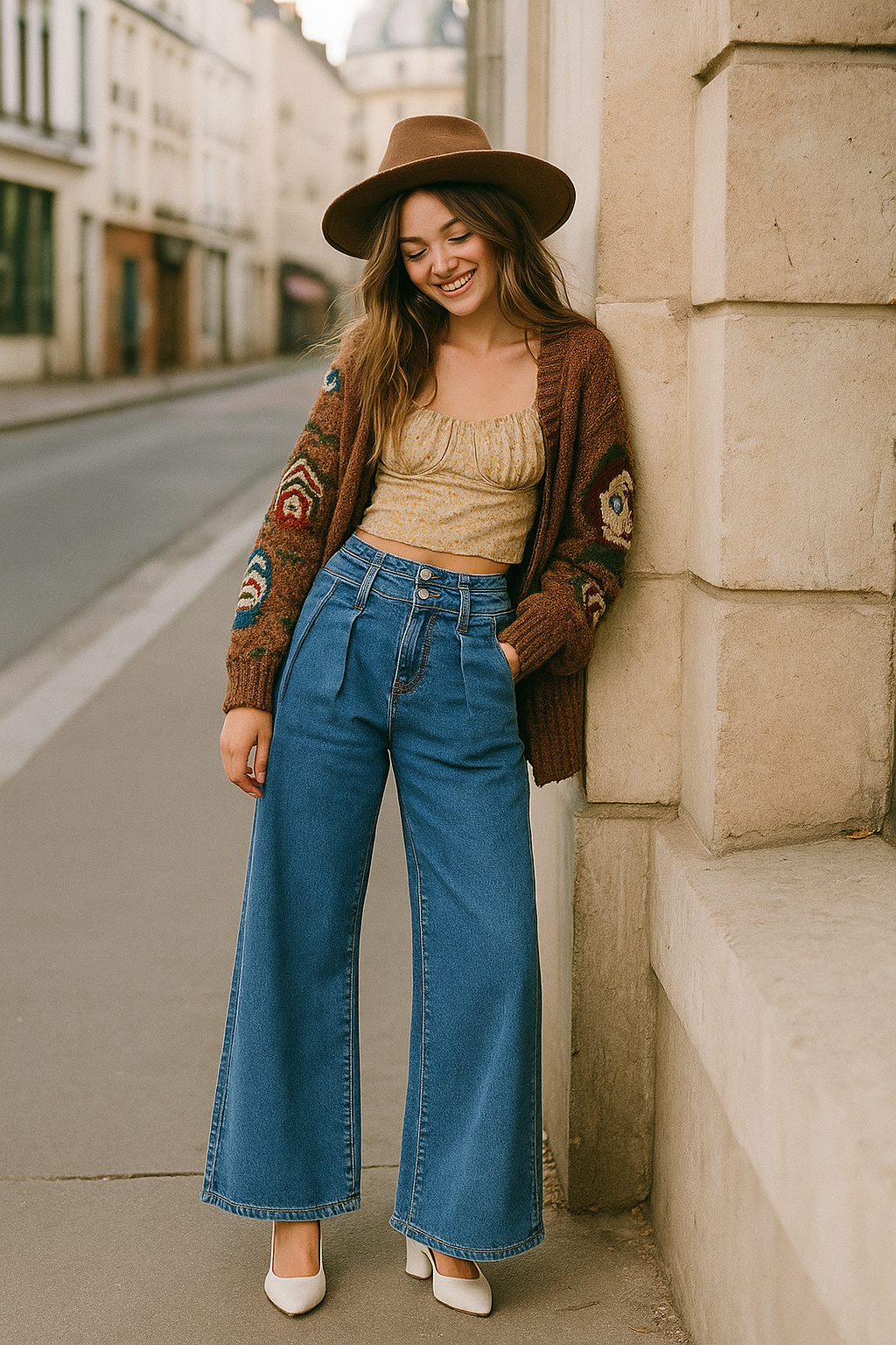 RISEN Baggy Mid-Rise Pleated Waist Double Button Wide Leg Palazzo Denim Jeans Plus Size Available