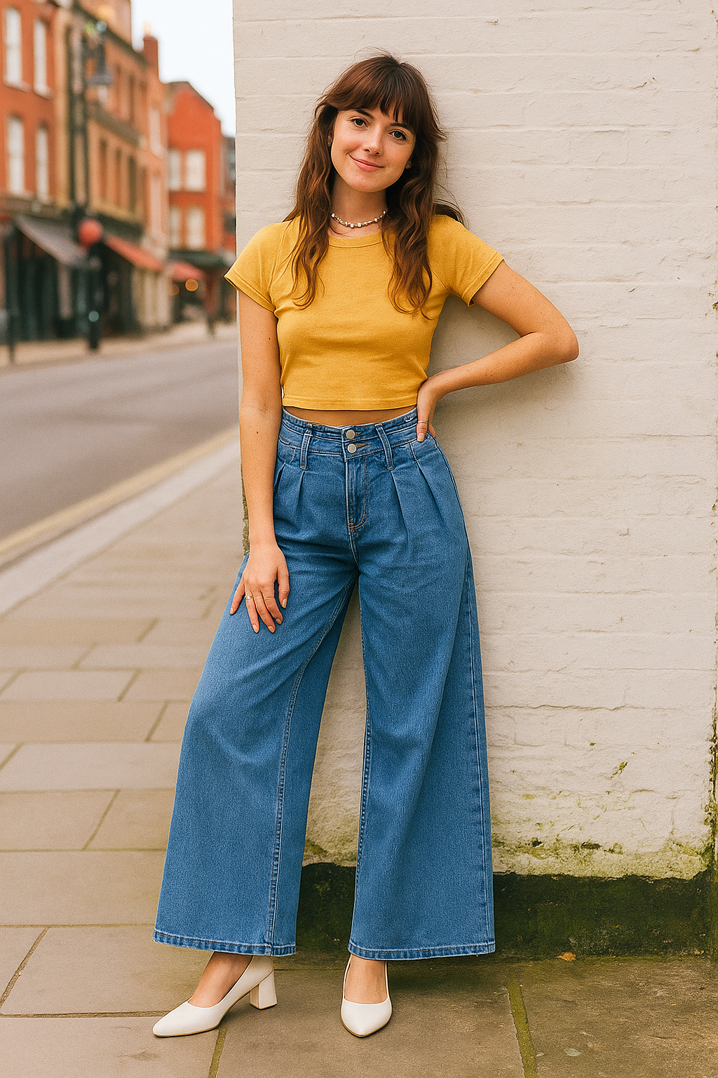 RISEN Baggy Mid-Rise Pleated Waist Double Button Wide Leg Palazzo Denim Jeans Plus Size Available