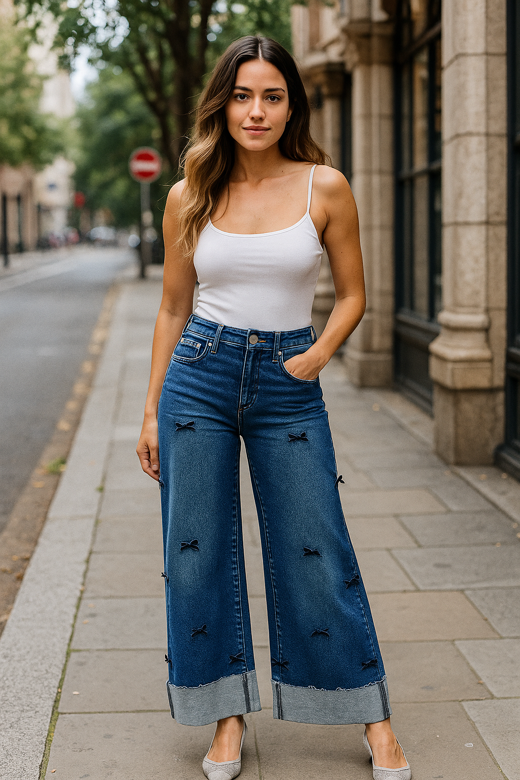 RISEN Bow Ribbon High-Rise Wide Leg Relaxed Fit Cropped Pants Cuffed Hem Denim Jeans