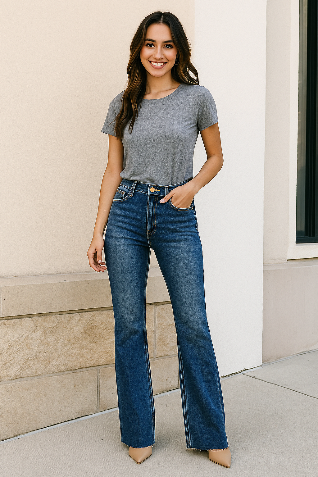 RISEN High-Rise Retro 70s Flare Leg Wide Cut Raw Hem Pants Slim Fit Denim Jeans