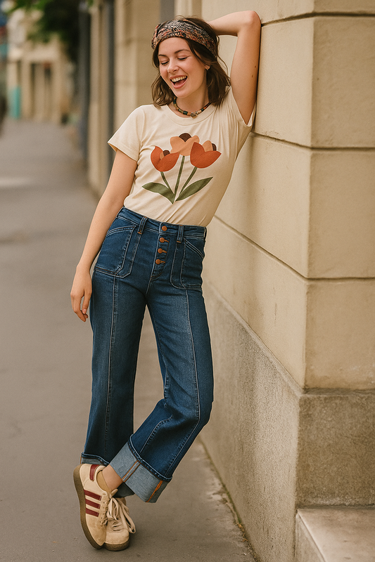 RISEN High-Rise Button Fly Slim Fit Pants Wide Leg Cuff Cropped Hem Denim Jeans Plus Size Available