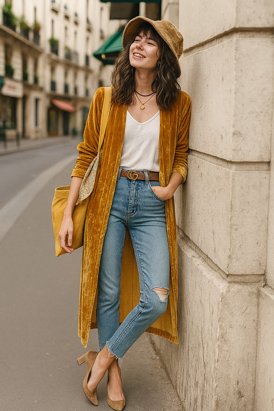 Retro Velour 70s Longline Open Front Pocket Cardigan Split Hem Sweater Duster Jacket