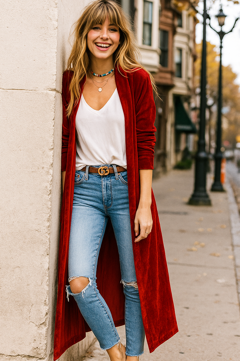 Retro Velour 70s Longline Open Front Pocket Cardigan Split Hem Sweater Duster Jacket