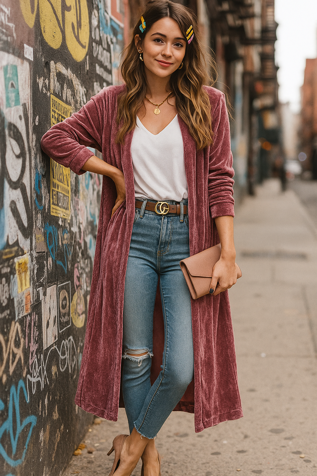 Retro Velour 70s Longline Open Front Pocket Cardigan Split Hem Sweater Duster Jacket