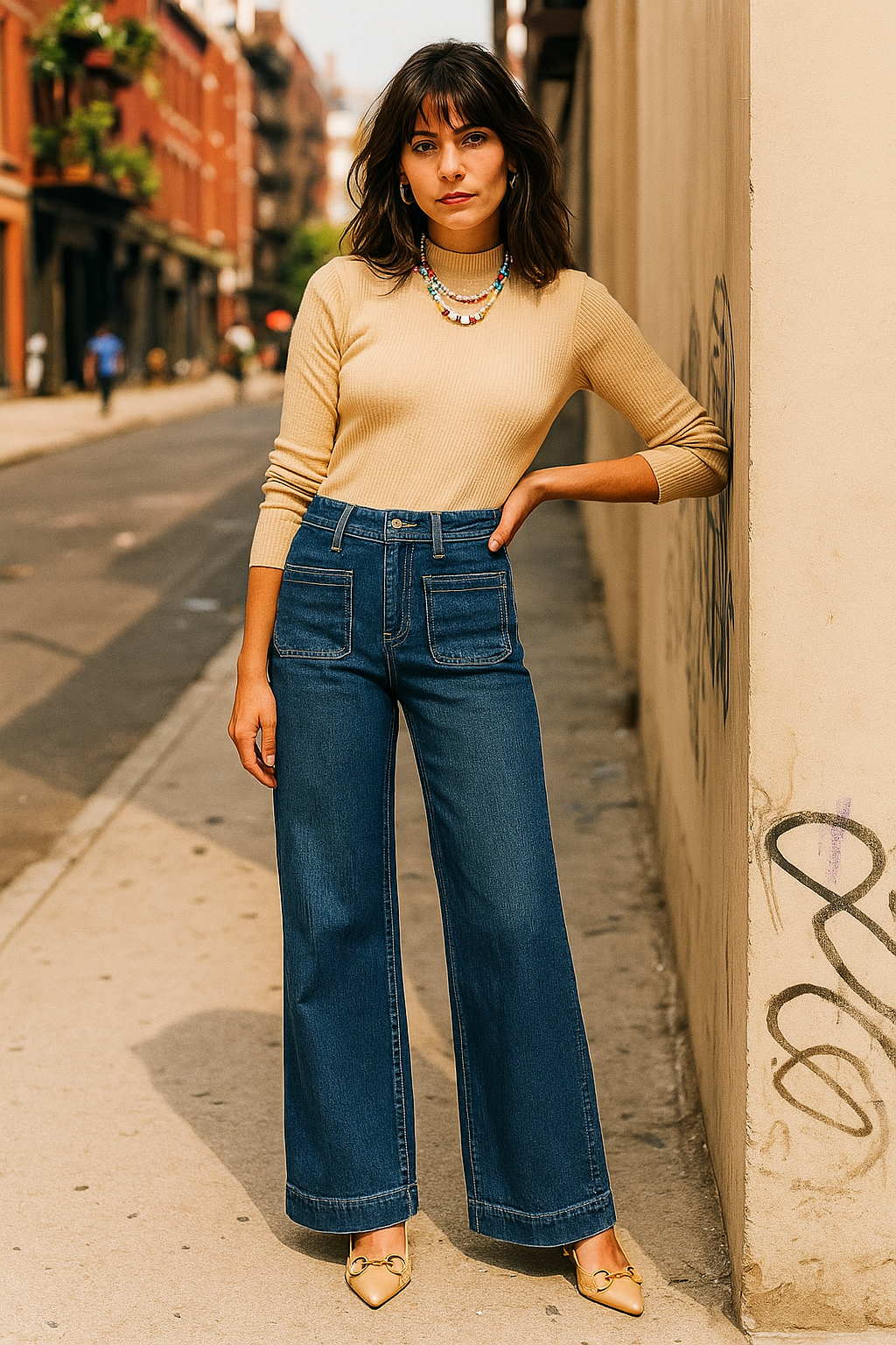 Retro High-Rise 70s Patch Pocket Pants Slim Fit Vintage Wash Wide Leg Denim Jeans