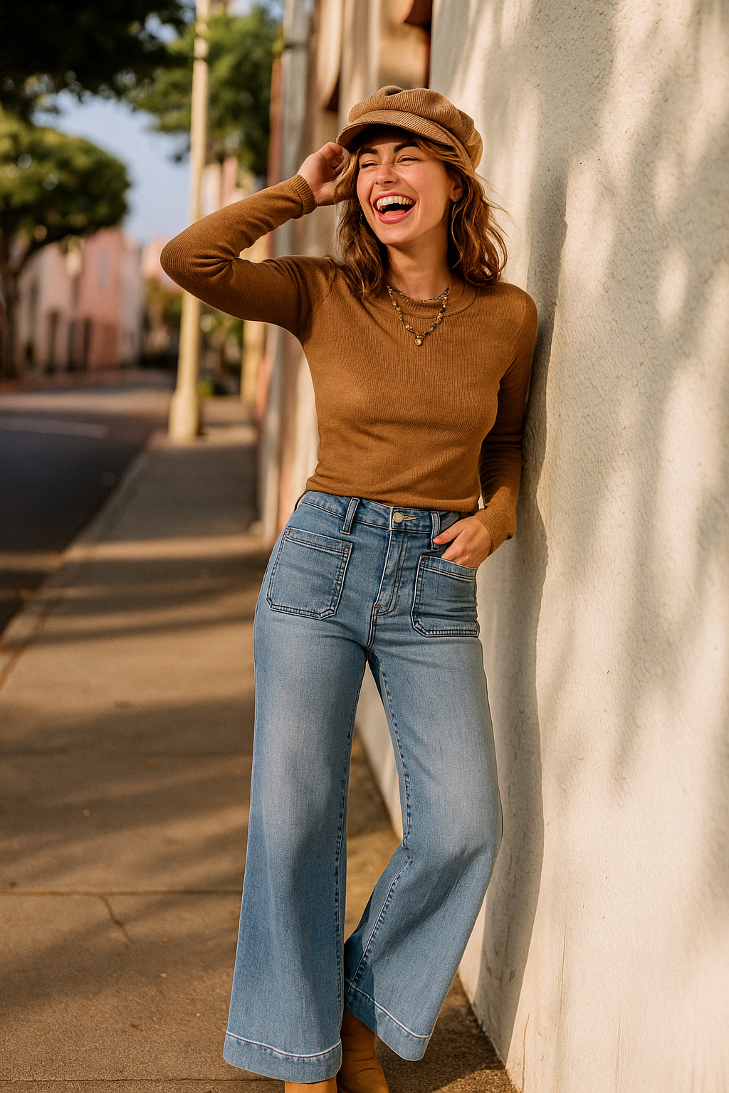 Retro High-Rise 70s Patch Pocket Pants Slim Fit Vintage Wash Wide Leg Denim Jeans