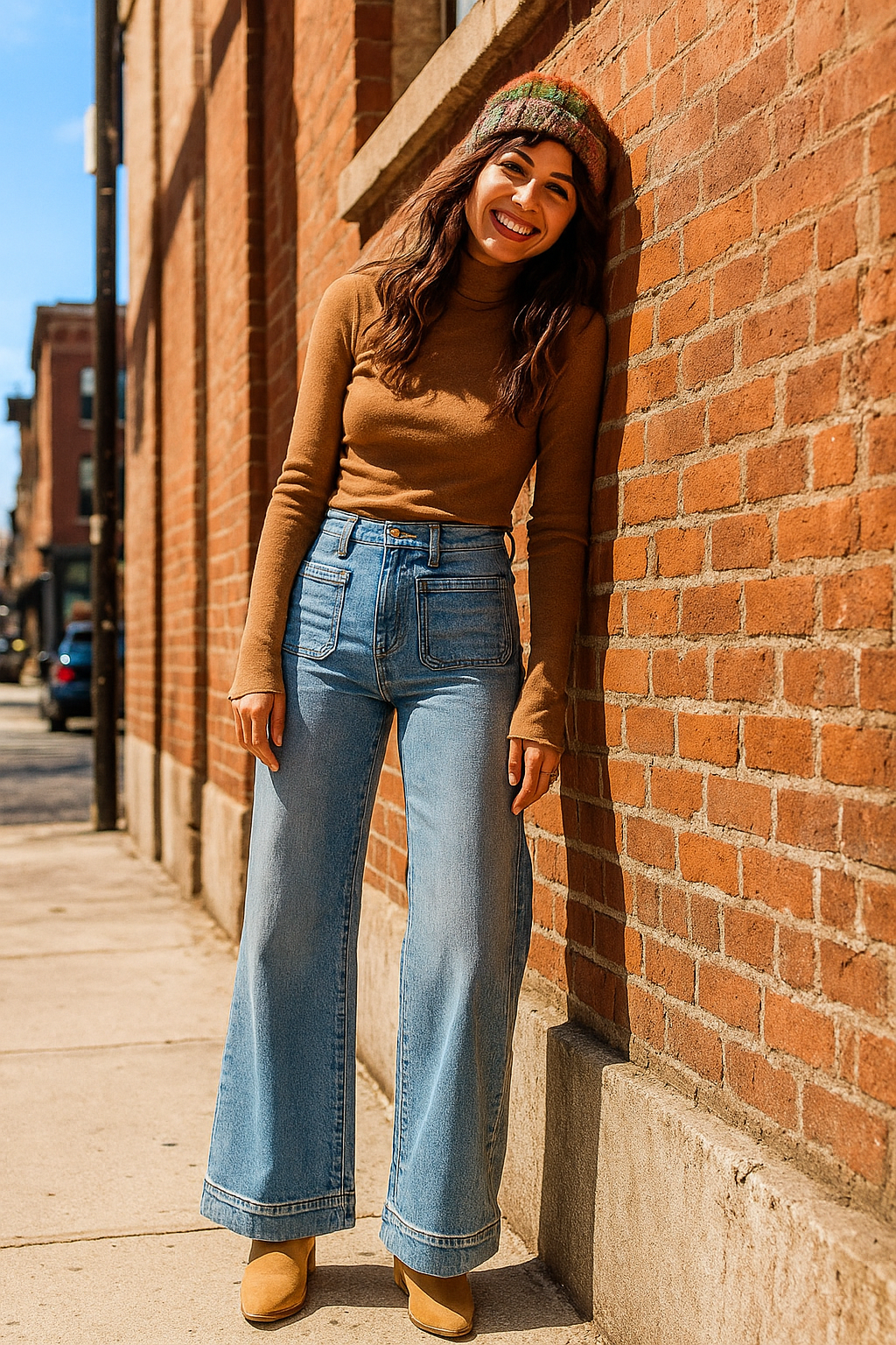 Retro High-Rise 70s Patch Pocket Pants Slim Fit Vintage Wash Wide Leg Denim Jeans