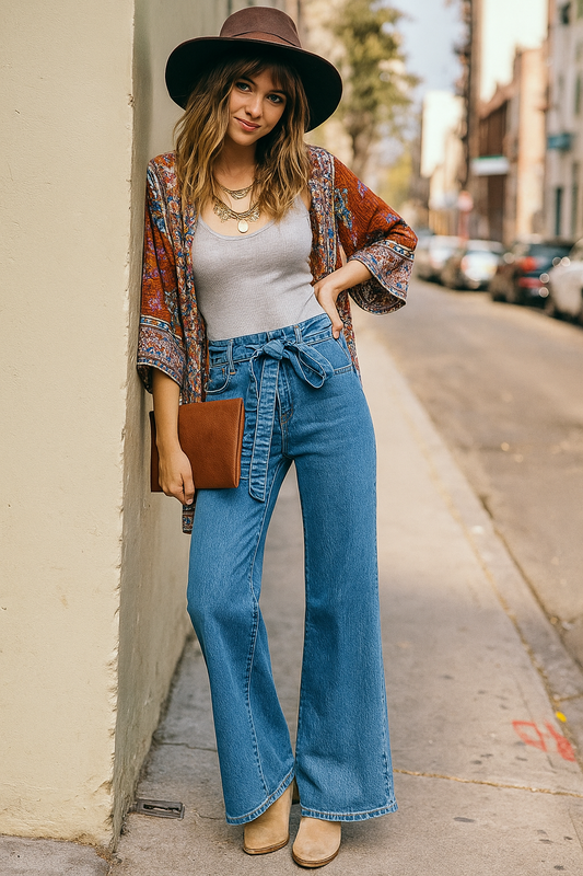 Belted High-Rise Retro 70s Flare Leg Wide Hem Pants Slim Fit Patch Pocket Denim Jeans