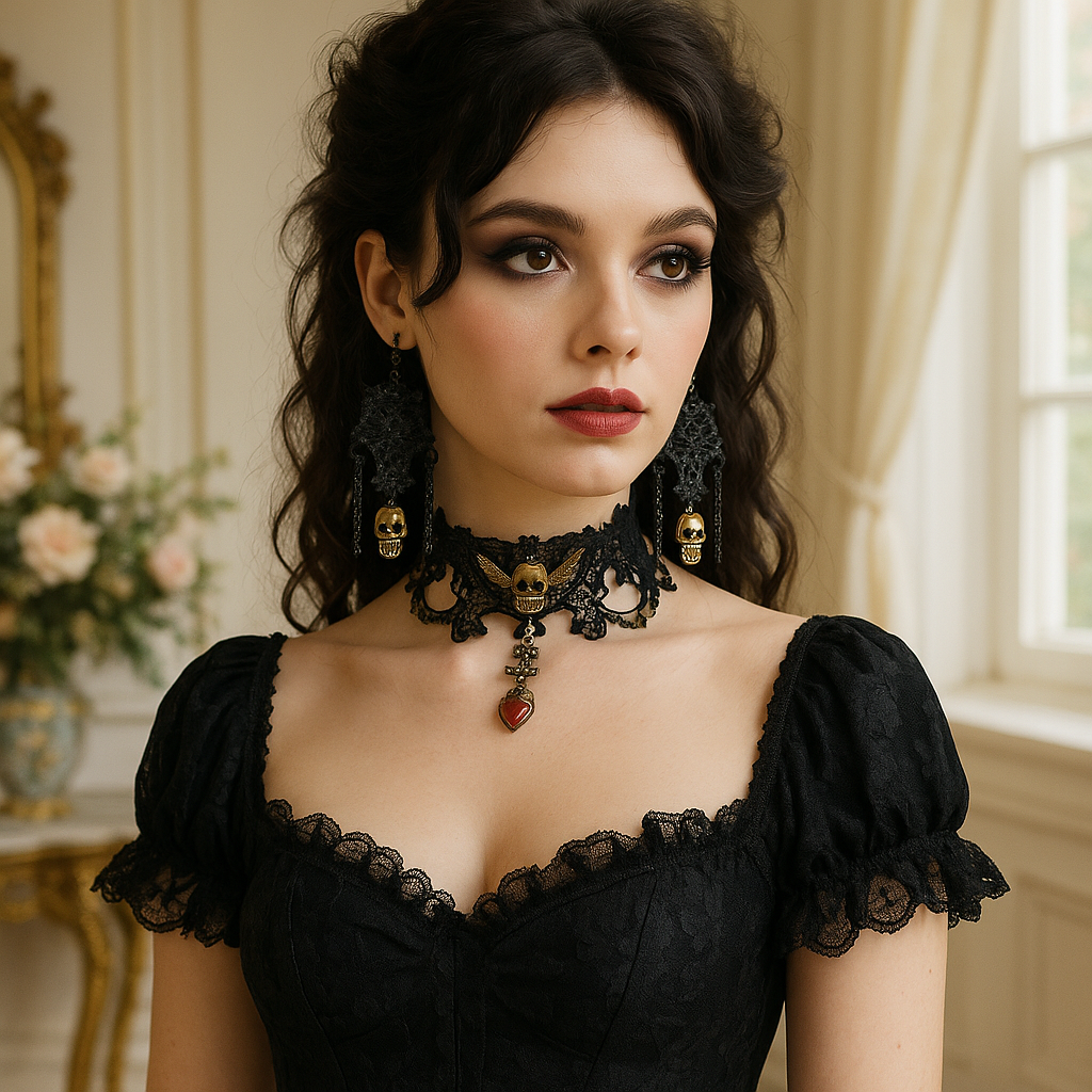 Matching Set Victorian Gothic Lace Choker Skull Wings Necklace Dangle Earring Jewelry 3-piece