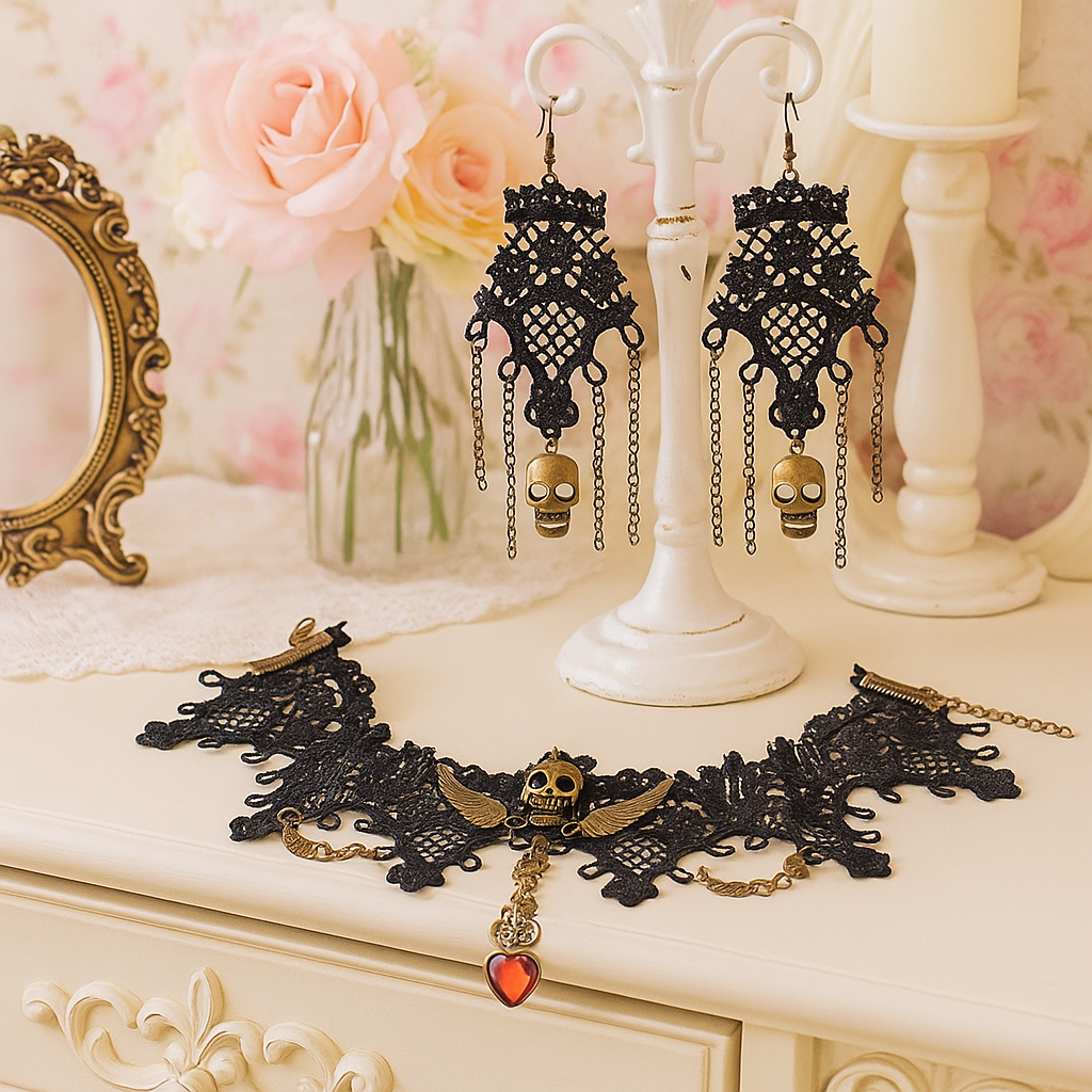 Matching Set Victorian Gothic Lace Choker Skull Wings Necklace Dangle Earring Jewelry 3-piece