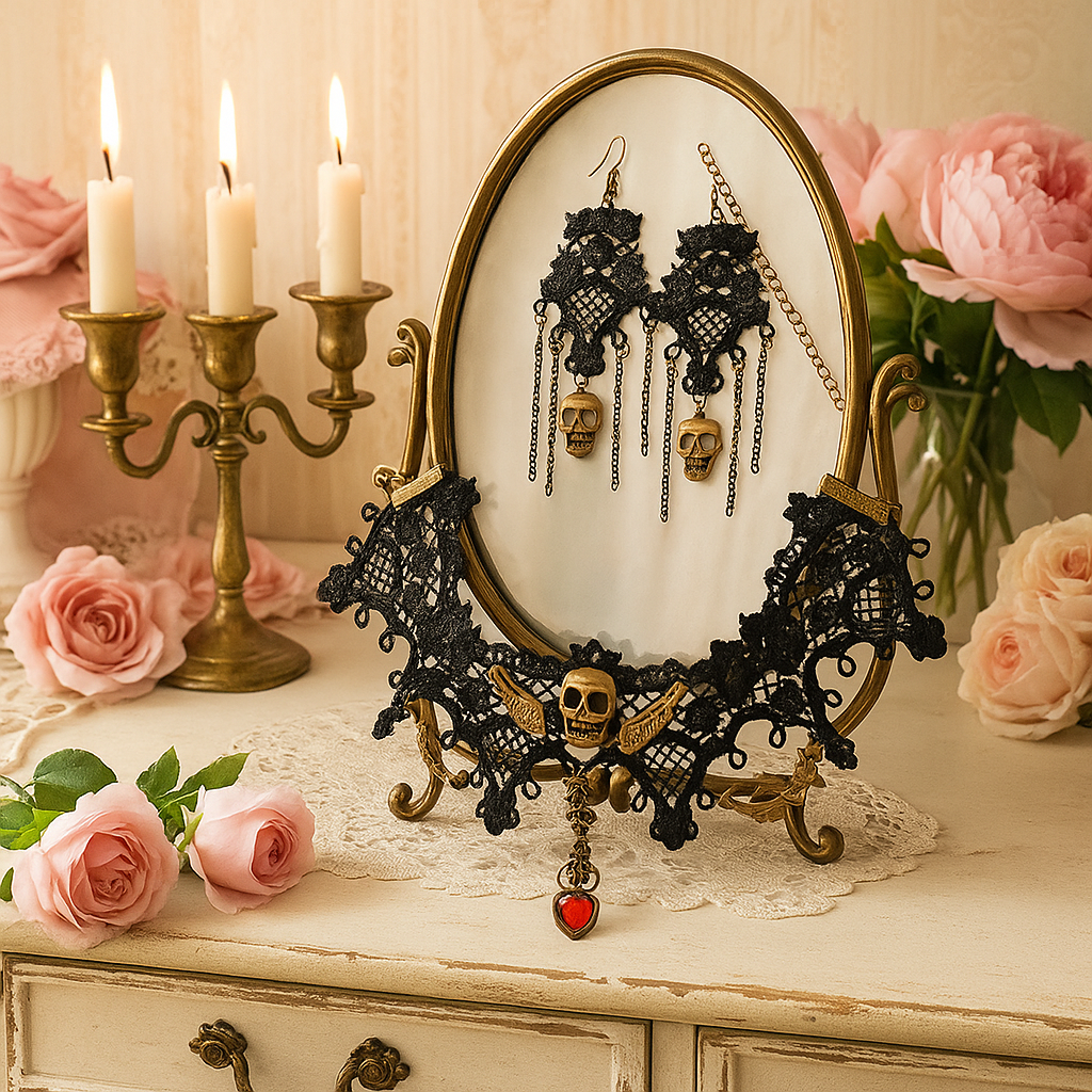 Matching Set Victorian Gothic Lace Choker Skull Wings Necklace Dangle Earring Jewelry 3-piece