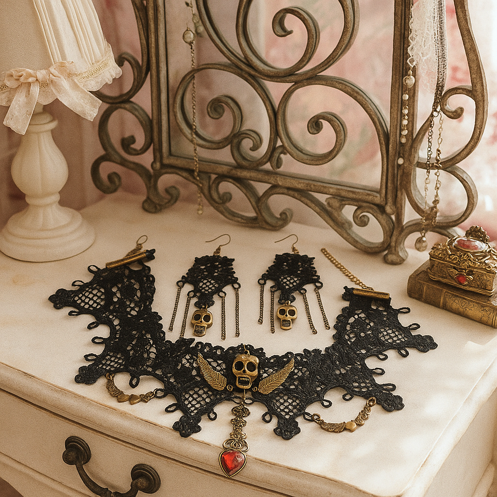 Matching Set Victorian Gothic Lace Choker Skull Wings Necklace Dangle Earring Jewelry 3-piece