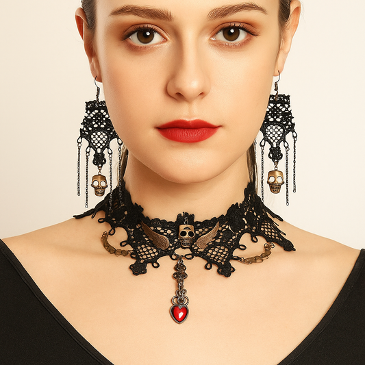 Matching Set Victorian Gothic Lace Choker Skull Wings Necklace Dangle Earring Jewelry 3-piece