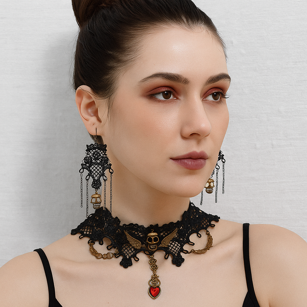 Matching Set Victorian Gothic Lace Choker Skull Wings Necklace Dangle Earring Jewelry 3-piece