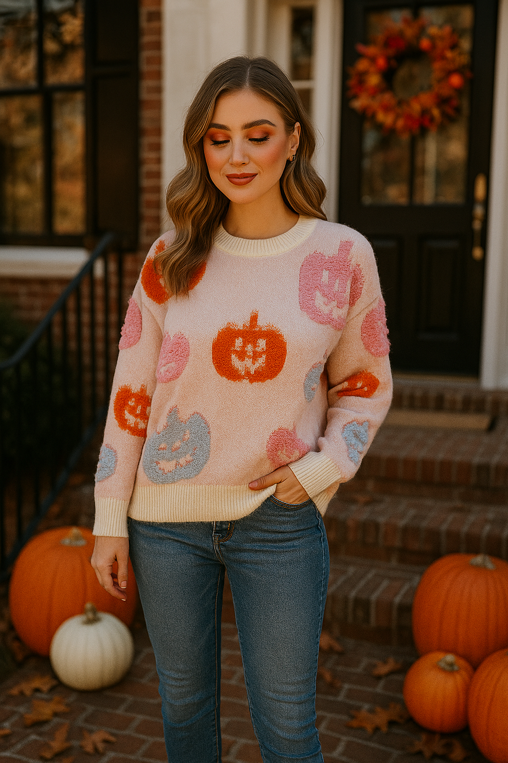 Colorful Pumpkin Patch Shag Knit Sweater Chenille Raised Jacquard Halloween Shirt