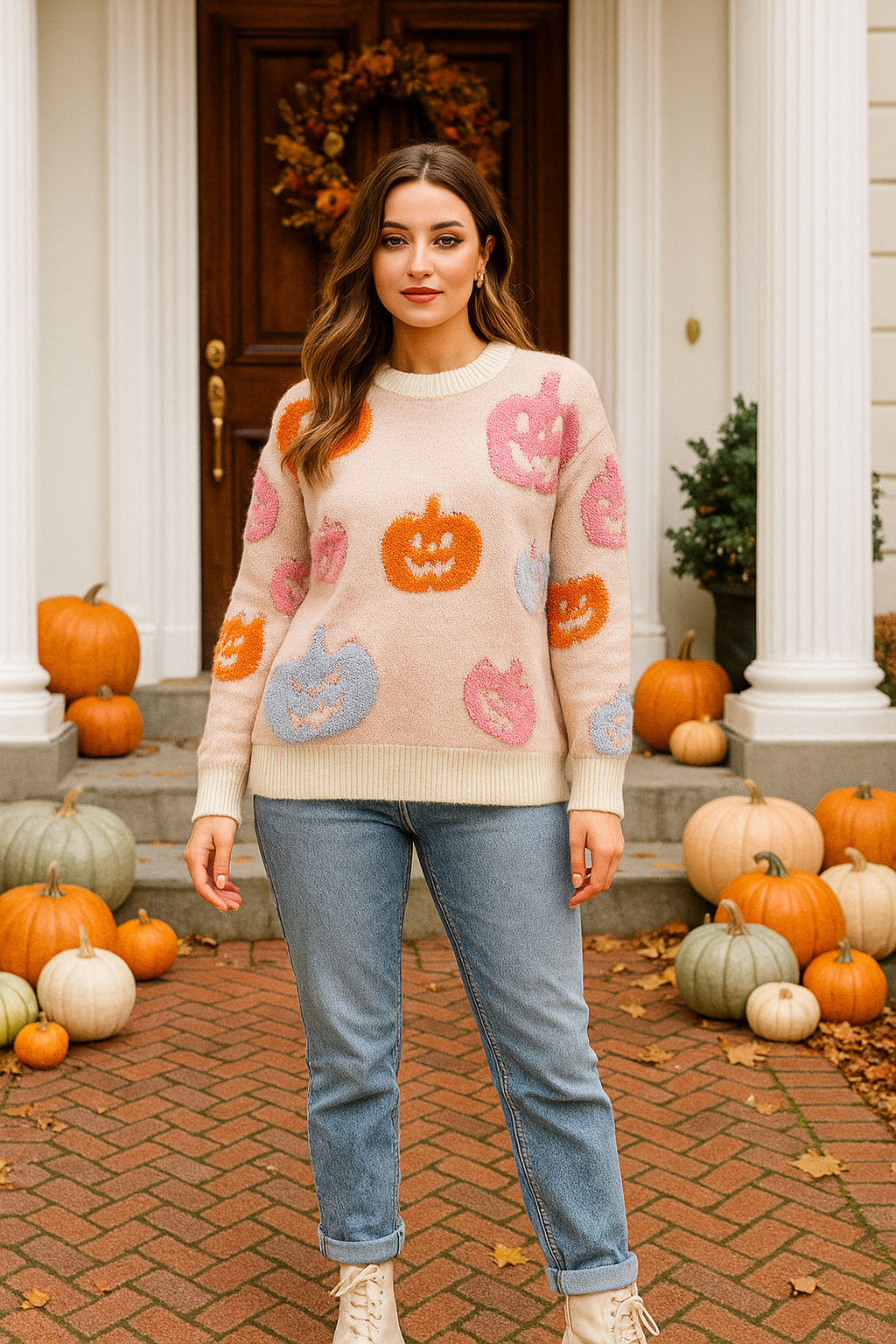 Colorful Pumpkin Patch Shag Knit Sweater Chenille Raised Jacquard Halloween Shirt