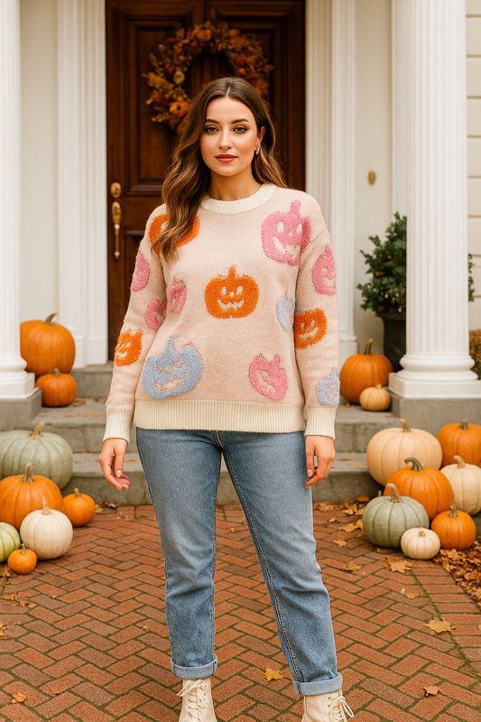 Colorful Pumpkin Patch Shag Knit Sweater Chenille Raised Jacquard Halloween Shirt