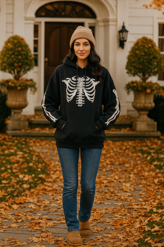 Skeleton Print Oversized Hoodie Pullover Sweatshirt Kangaroo Pocket Sweater Shirt