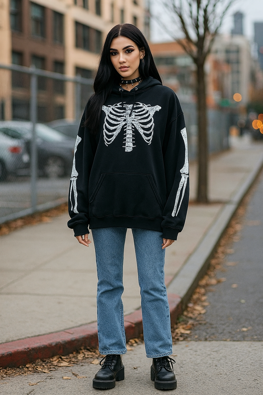 Skeleton Print Oversized Hoodie Pullover Sweatshirt Kangaroo Pocket Sweater Shirt