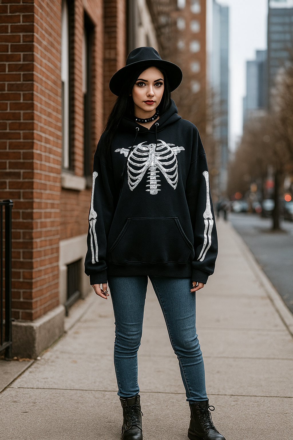 Skeleton Print Oversized Hoodie Pullover Sweatshirt Kangaroo Pocket Sweater Shirt