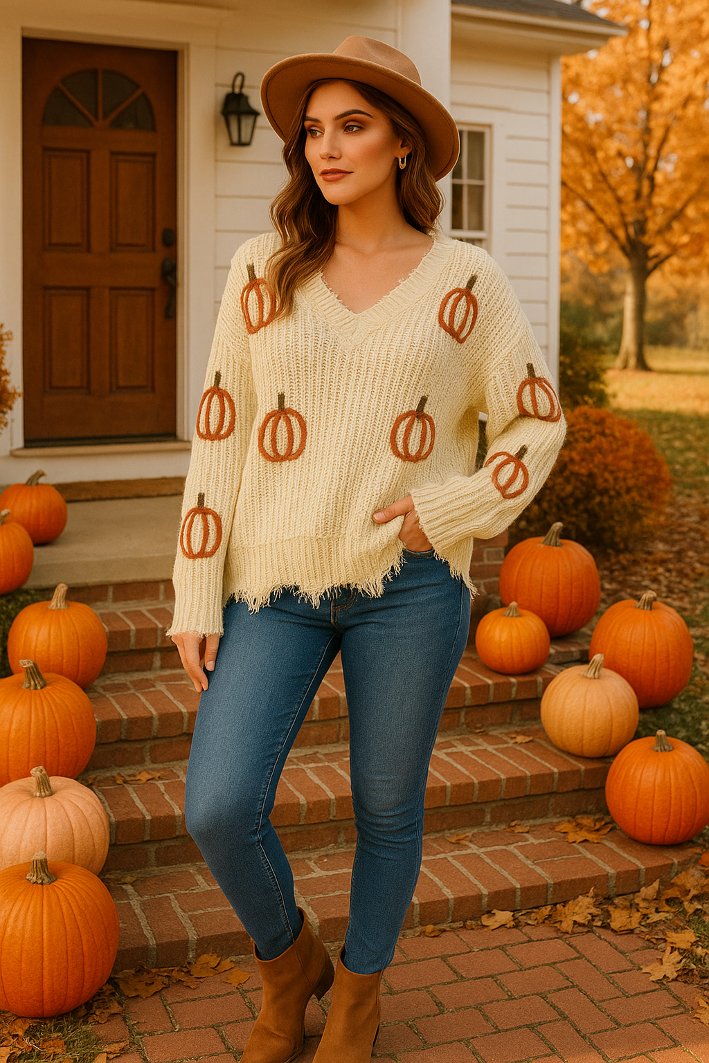 Distressed Raw Frayed Knit Pumpkin Sweater Pullover Long Sleeve Oversized Top
