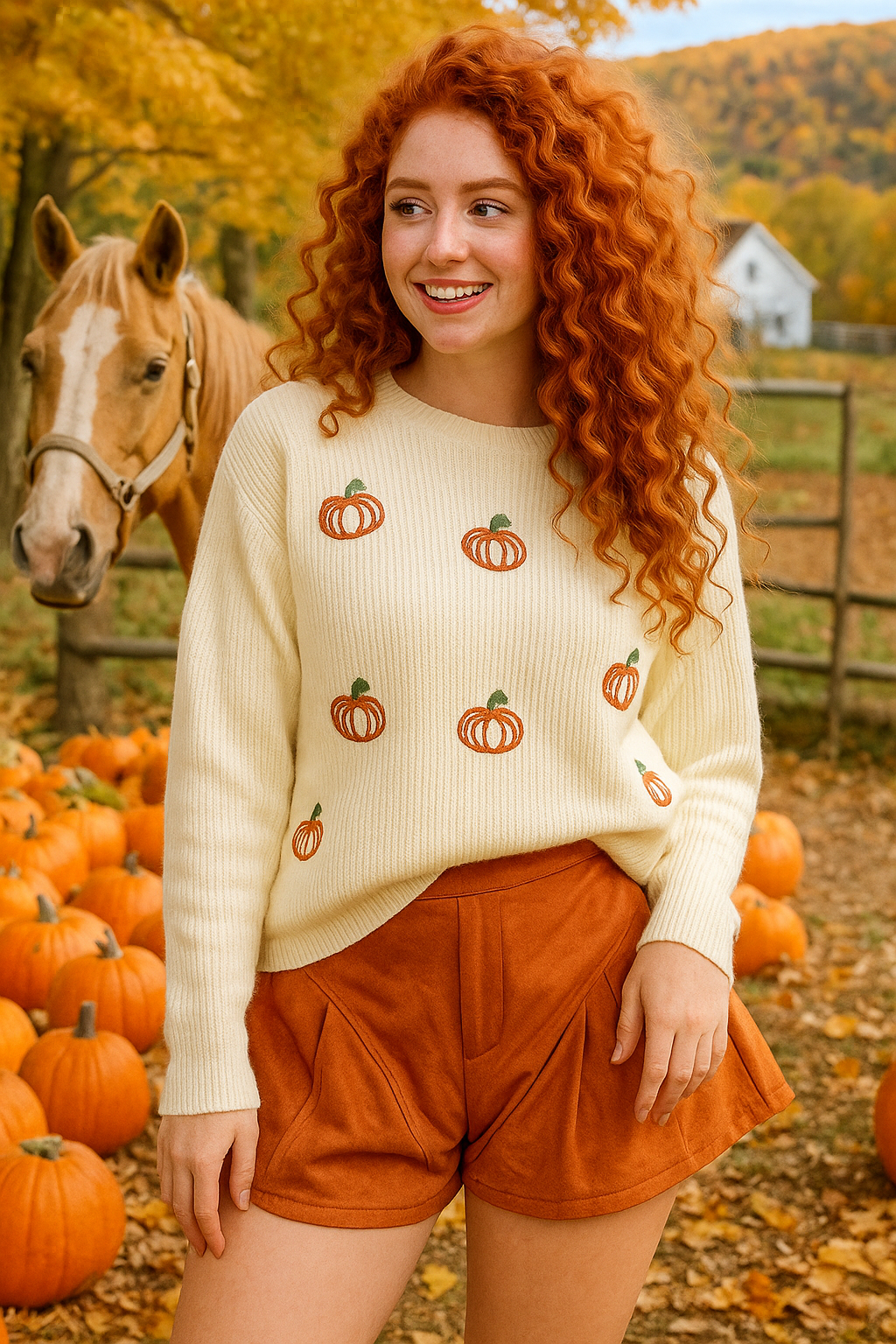 Pumpkin Embroidered Top Round Neck Long Sleeve Sweater Halloween Ribbed Shirt
