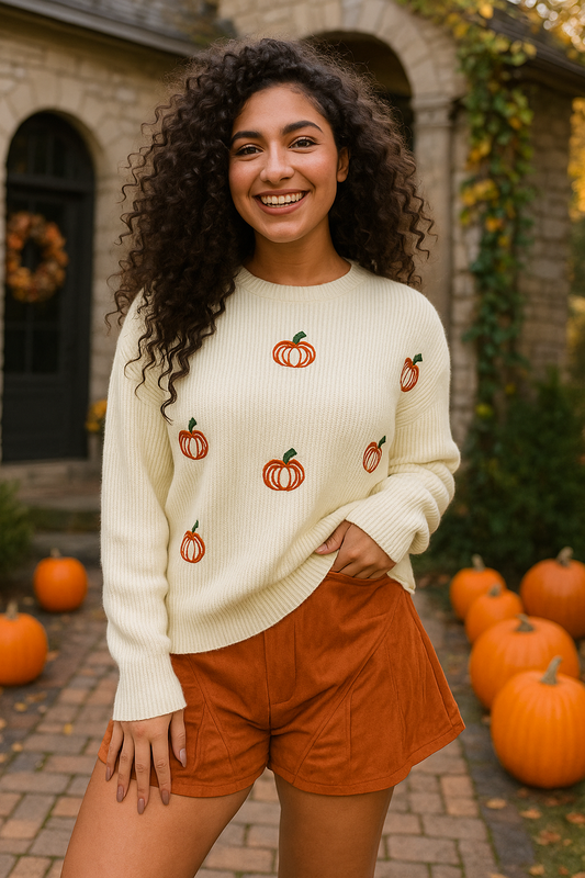 Pumpkin Embroidered Top Round Neck Long Sleeve Sweater Halloween Ribbed Shirt