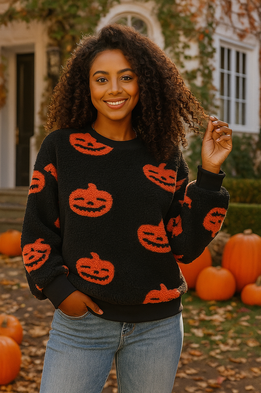 Pumpkin Fuzzy Teddy Sweater Sherpa Fleece Halloween Jacket-o-Lantern Shirt