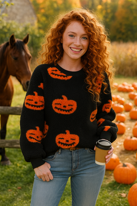 Pumpkin Fuzzy Teddy Sweater Sherpa Fleece Halloween Jacket-o-Lantern Shirt