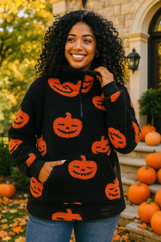 Pumpkin Fuzzy Teddy Sweater Half-zip Mock Sherpa Fleece Jacket-o-Lantern Shirt
