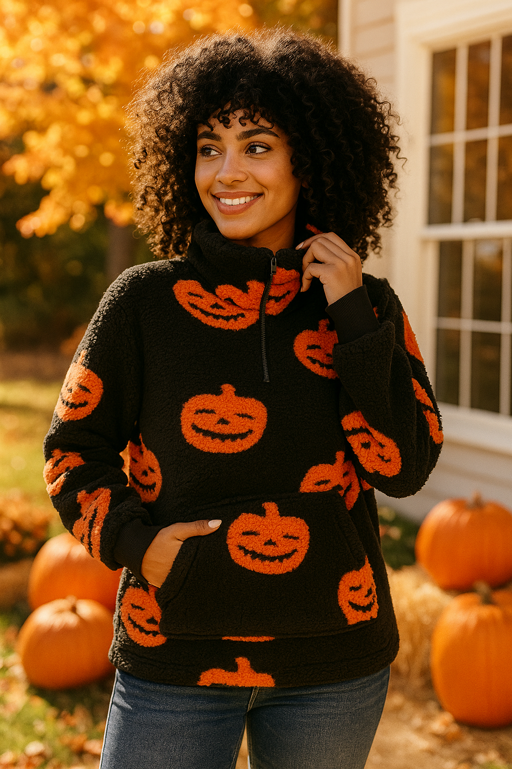 Pumpkin Fuzzy Teddy Sweater Half-zip Mock Sherpa Fleece Jacket-o-Lantern Shirt