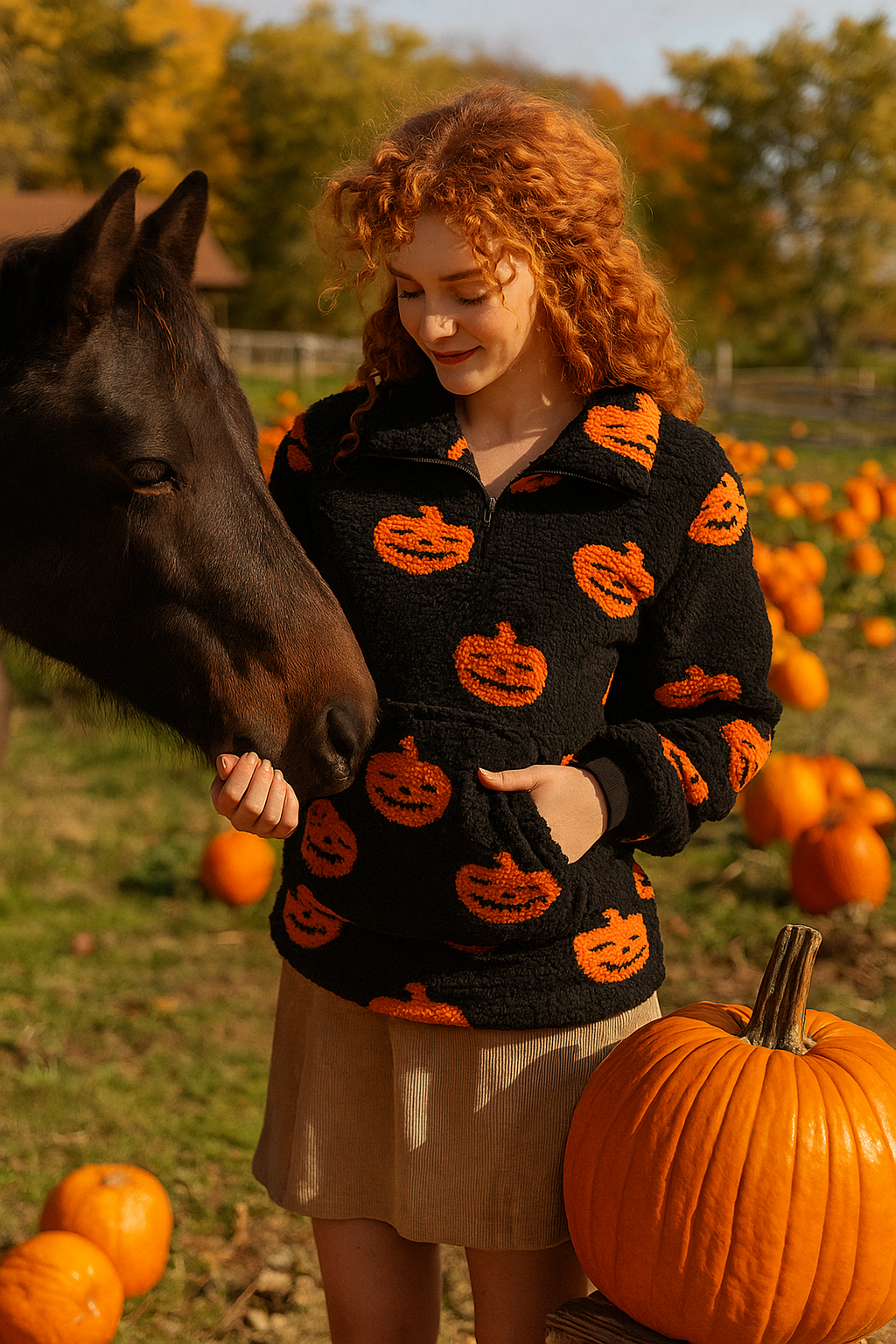 Pumpkin Fuzzy Teddy Sweater Half-zip Mock Sherpa Fleece Jacket-o-Lantern Shirt