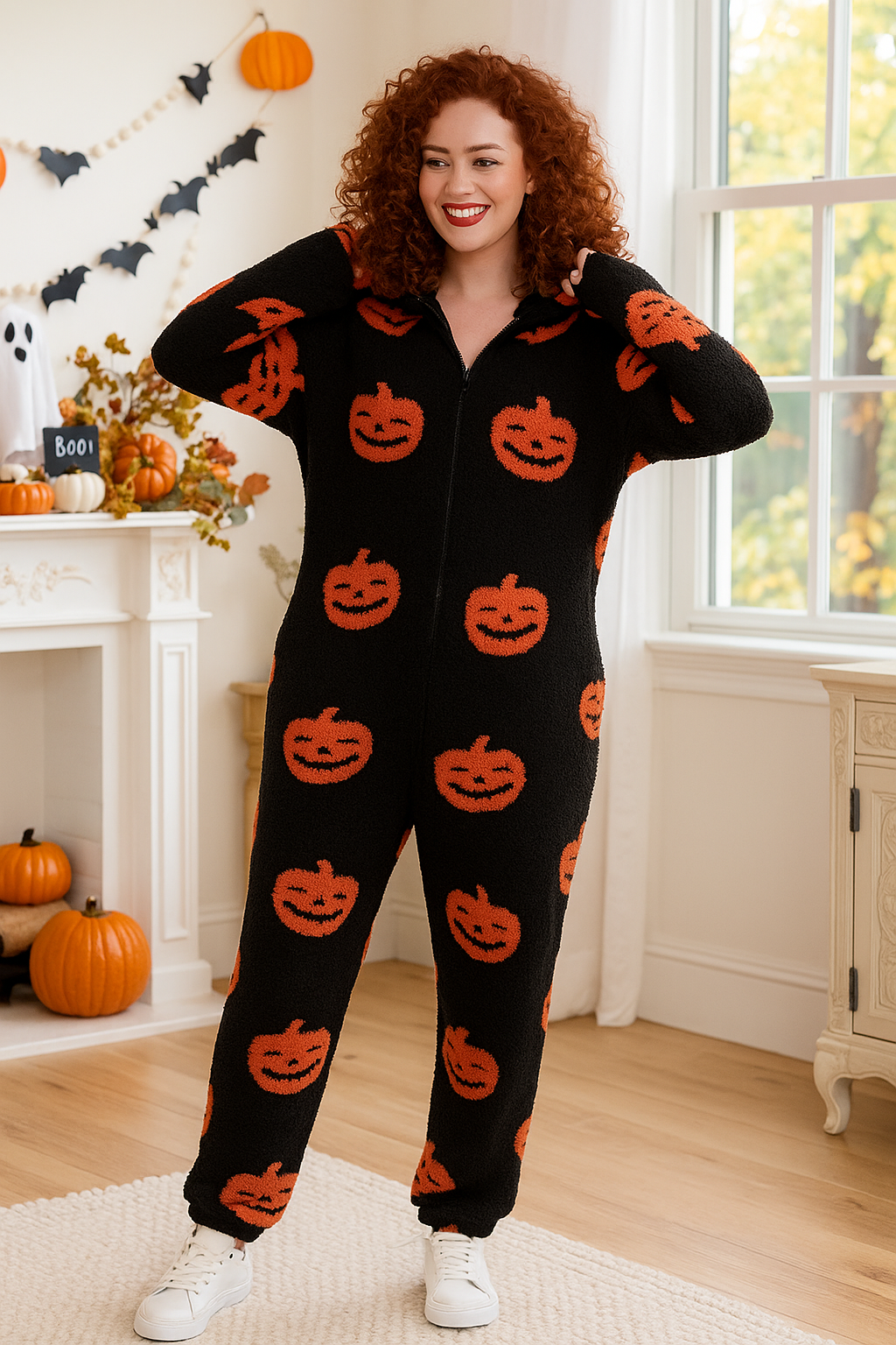 Fuzzy Pumpkin Zip-up Hooded Jumpsuit Teddy Sherpa One-Piece Slit Pock Jogger Loungewear Suit