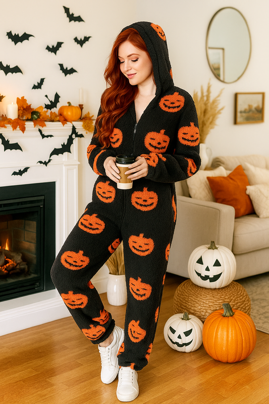 Fuzzy Pumpkin Zip-up Hooded Jumpsuit Teddy Sherpa One-Piece Slit Pock Jogger Loungewear Suit