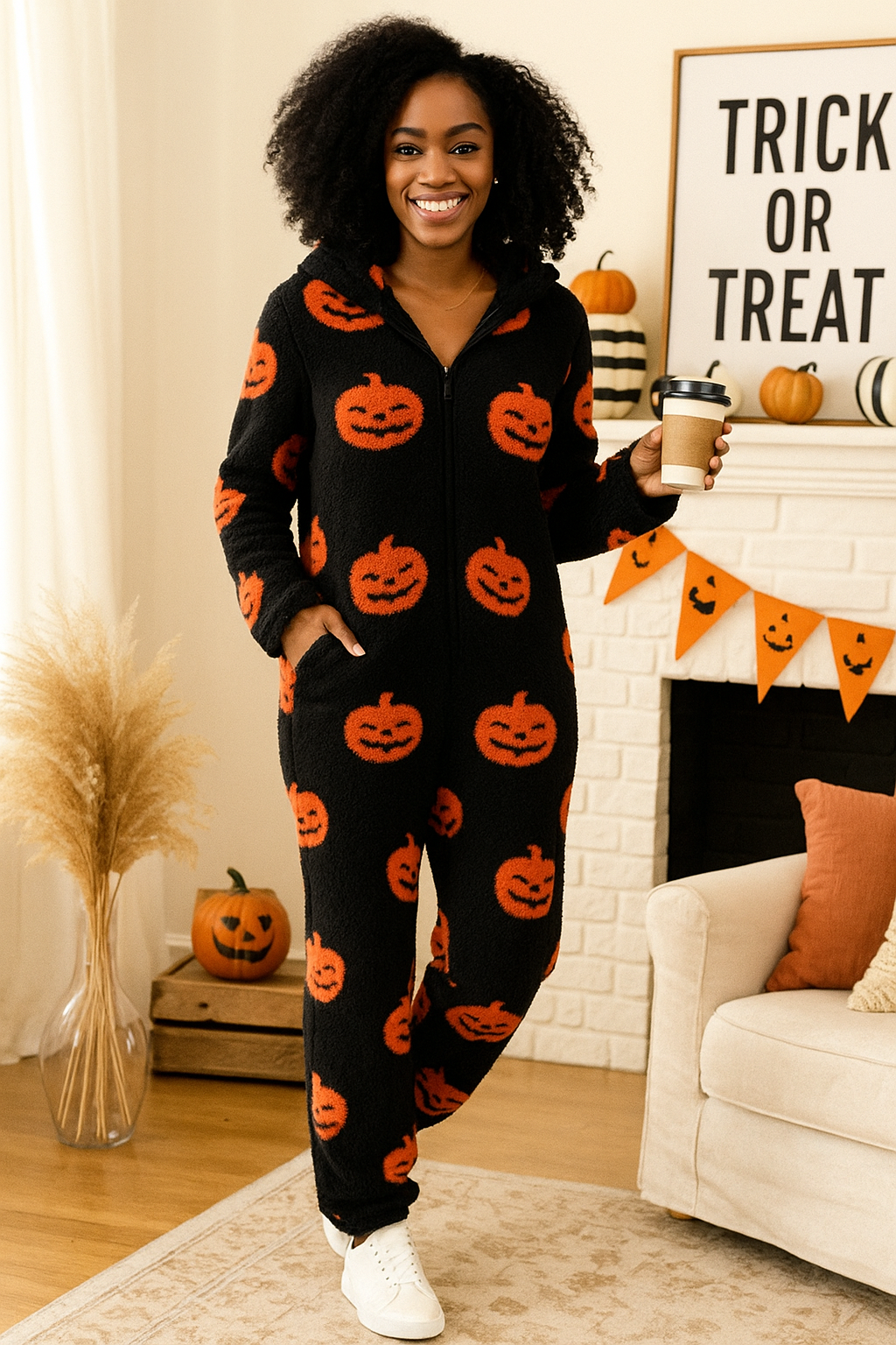 Fuzzy Pumpkin Zip-up Hooded Jumpsuit Teddy Sherpa One-Piece Slit Pock Jogger Loungewear Suit