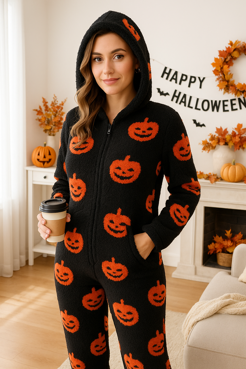 Fuzzy Pumpkin Zip-up Hooded Jumpsuit Teddy Sherpa One-Piece Slit Pock Jogger Loungewear Suit