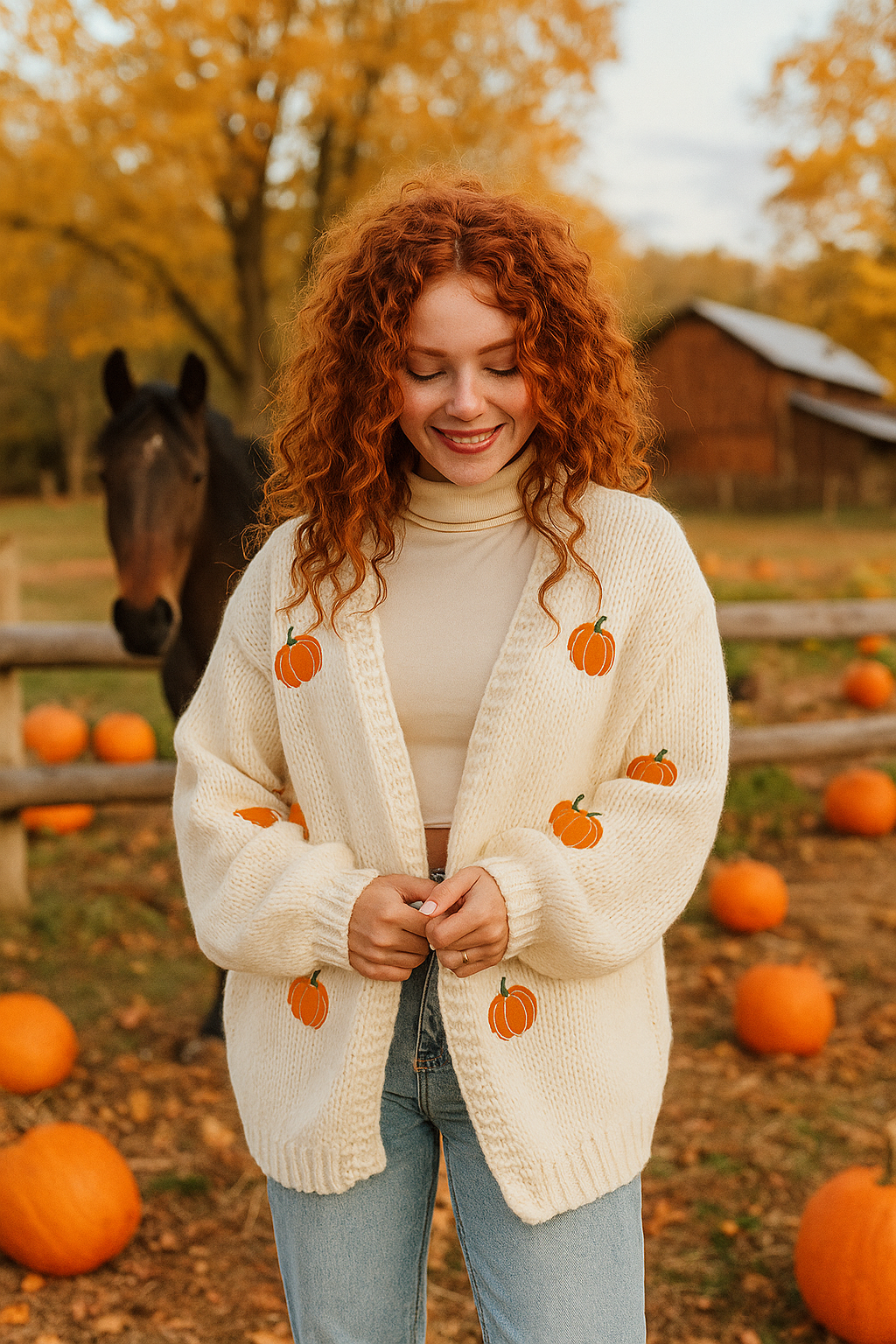Embroidered Halloween Pumpkin Knit Cardigan Open Front Oversized Sweater