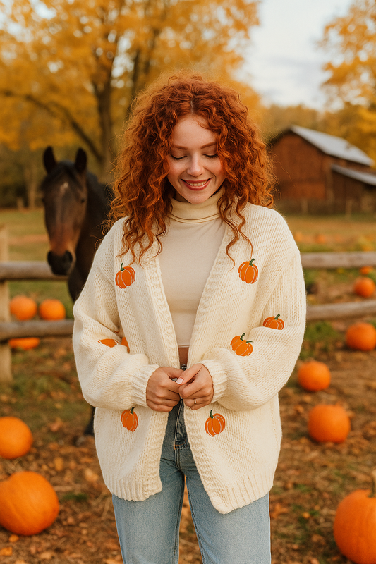 Embroidered Halloween Pumpkin Knit Cardigan Open Front Oversized Sweater