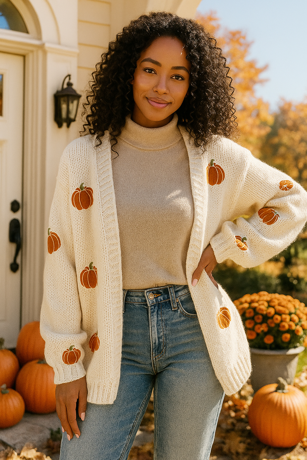 Embroidered Halloween Pumpkin Knit Cardigan Open Front Oversized Sweater