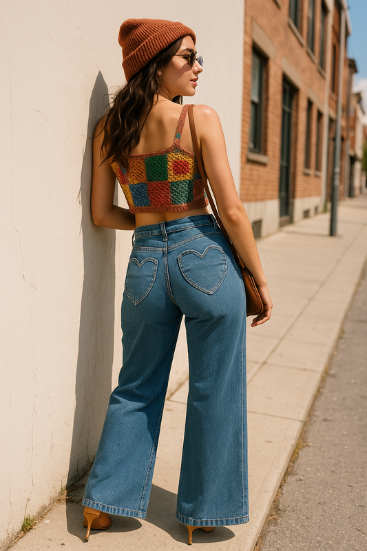 RISEN Heart Pocket High-Rise Wide Leg Jeans Yoke Waist Relaxed Fit Denim Pants