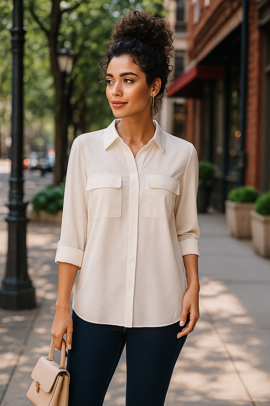 Hilary Radley Woman's Button-up Shirt Pocket Top Roll Tab Long Sleeve Shacket